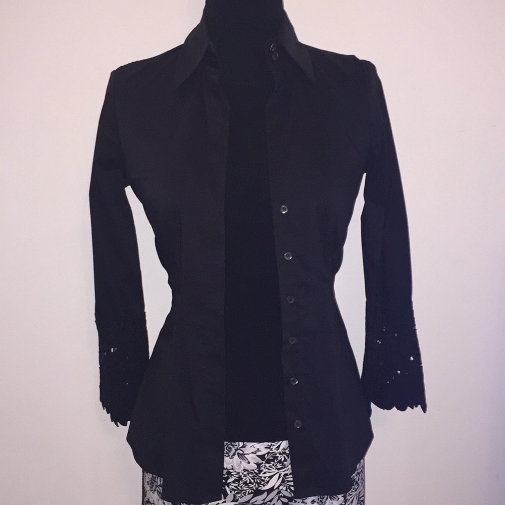 New BCBG Woven Cotton Black Down Button Top Sz XS - Picture 6 of 12